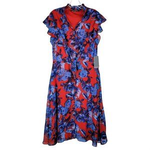 Julia Jordan Blue Red Floral Button Down Ruffle Cap Sleeves Tied Front Dress 10